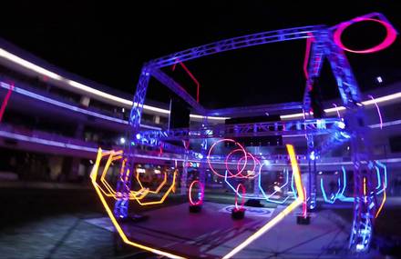 Drone Flying Through a Glowing Neon Course