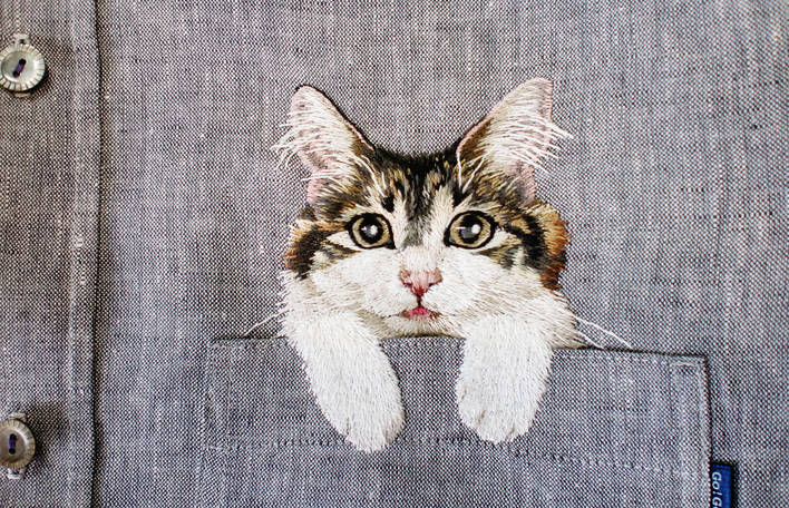 hiroko kubota embroiders cats onto shirt pockets • craft • frankie