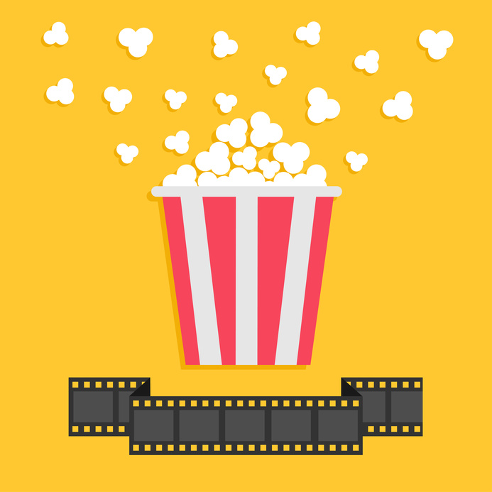 Popcorn. Film strip ribbon line. Red yellow box. Cinema movie night icon in  flat design style. – Fubiz Media
