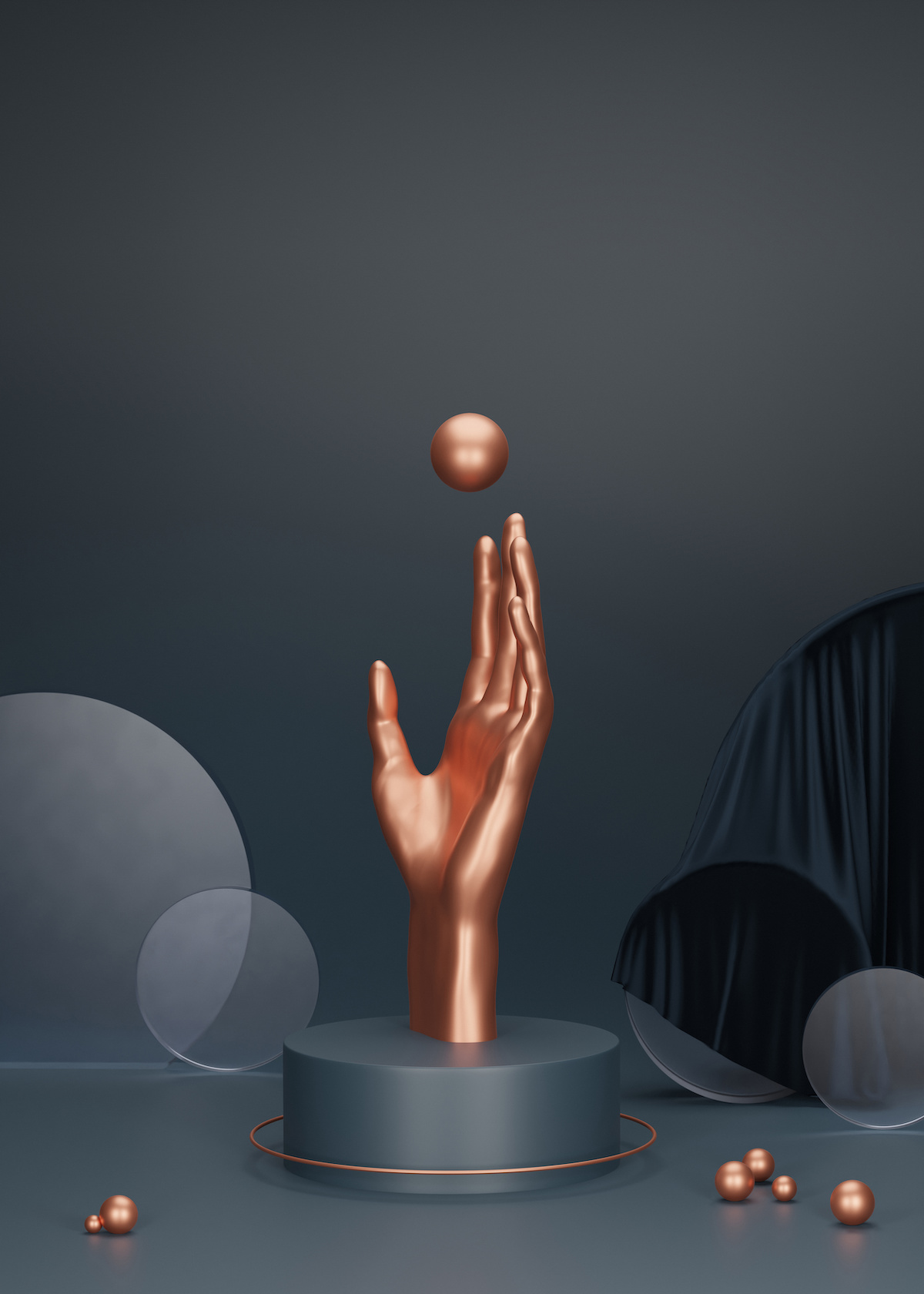 3D podium with gold copper human hand catching flying ball with